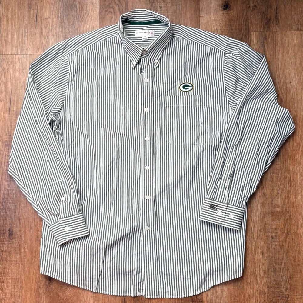 Cutter & Buck Green Bay Packers Mens Large Striped Button Down Shirt Green White - Picture 2 of 9